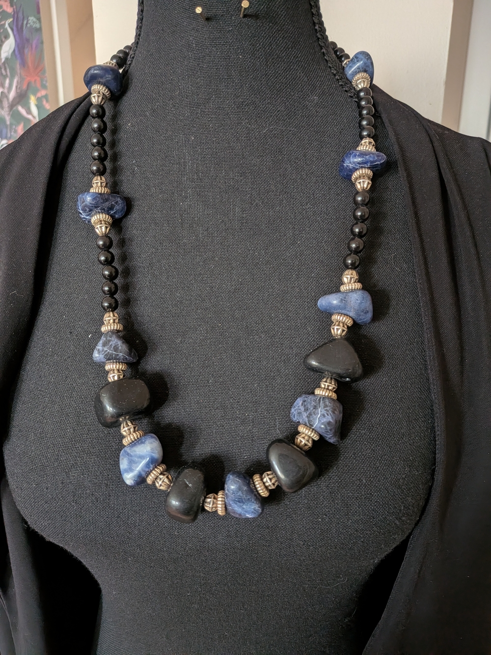 Stunning Vintage Blue and Black Stone Beaded Statement Necklace -chunky Bohemian